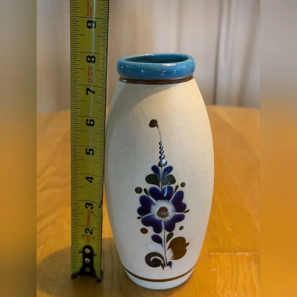 Vintage Tonala Sandstone Mexican Pottery Vase Flowers Floral Blue Brown Signed